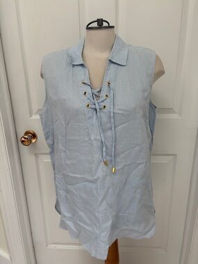 Ellen Tracy Light Blue Lace-Up Collared Sleeveless Tunic